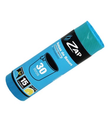 ROLLO 15 UNIDADES BOLSA BASURA AZUL OLOR LIMON 30 LITROS ZAP 320186