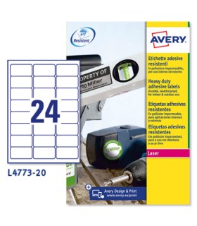 PAQUETE 20 HOJAS ETIQUETAS DE POLISTER BLANCO-IMPRESORAS LSER-63,5X33,9 MM AVERY L4773-20