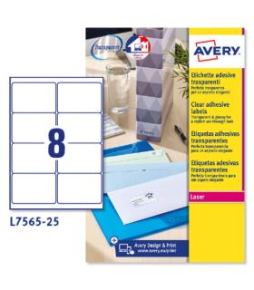 PAQUETE 25 HOJAS ETIQUETAS TRANSPARENTES QUICKPEEL-IMPRESORAS LSER 99,1X67,7 MM AVERY L7565-25