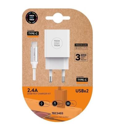 Cargador de Pared Tech One Tech TEC2403/ 2xUSB + Cable USB Tipo-C/ 2.4A/ Blanco