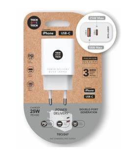 Cargador de Pared Tech One Tech TEC2267/ 1xUSB Tipo-C/ 1xUSB/ 3A/ Blanco