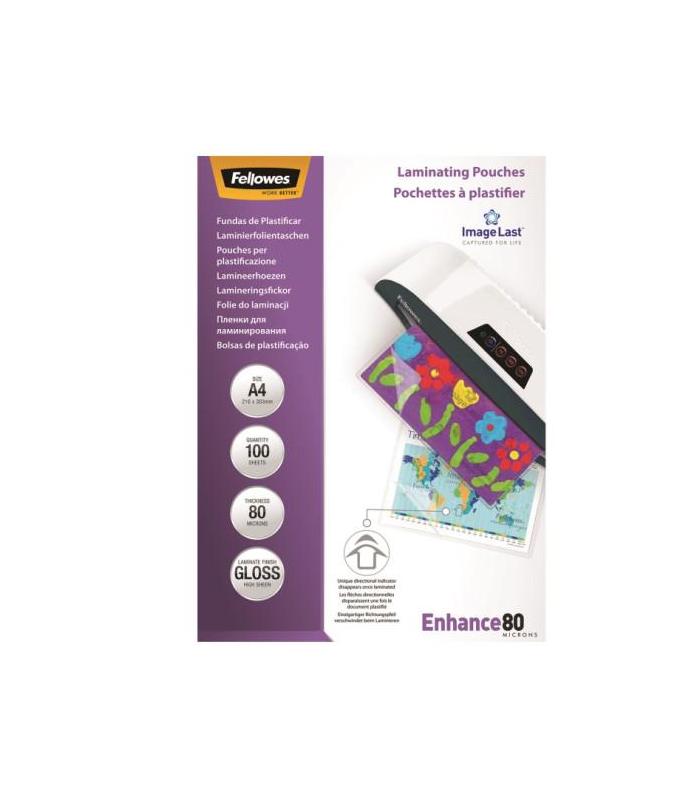 PACK 100 BOLSAS PLASTIFICACION 80 MICRAS A4 216X303 FELLOWES 5306114