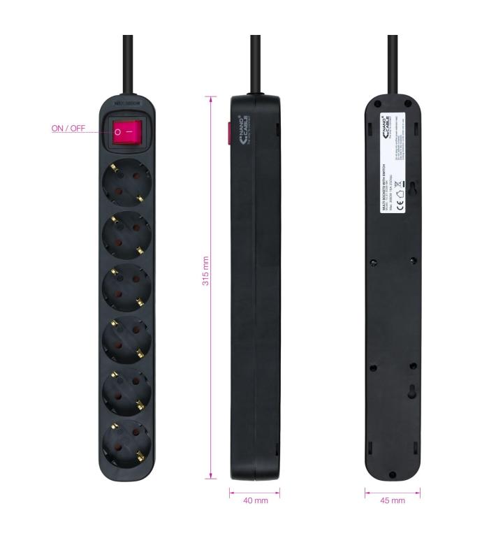 Nanocable Regleta de enchufes de 6 tomas con interruptor, 1.4 metros Negra