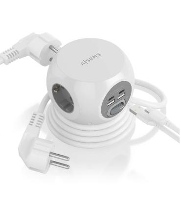 AISENS Regleta de Enchufes Sobremesa Multifuncion con 3 Tomas + 2xUSB-C, 2xUSB-A, 1.4M, Blanco
