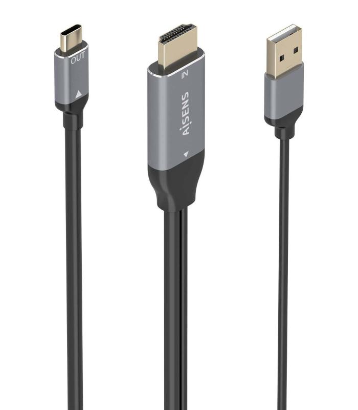 AISENS Cable Conversor Aluminio HDMI V2.0 A USB-C 4K@60HZ, HDMI M+USB-A M-USB-C M, Negro, 1.8m