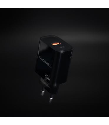Nanocable Cargador USB-C PD + USB-A QC 20W, Negro