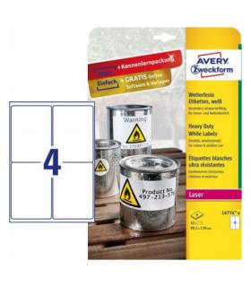 PAQUETE 8 HOJAS ETIQUETAS DE POLISTER BLANCO PARA IMPRESORAS LSER 99,1X139 MM AVERY L4774-8