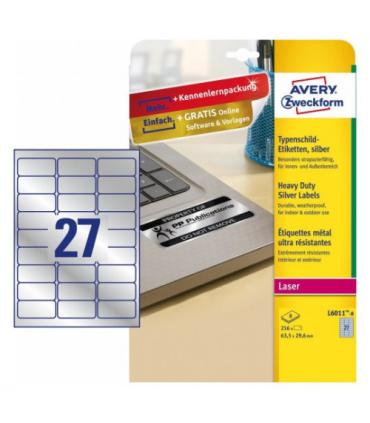 PAQUETE 8 HOJAS ETIQUETAS PLATEADAS DE POLISTER-IMPRESORAS LSER-63,5X29,6 MM AVERY L6011-8