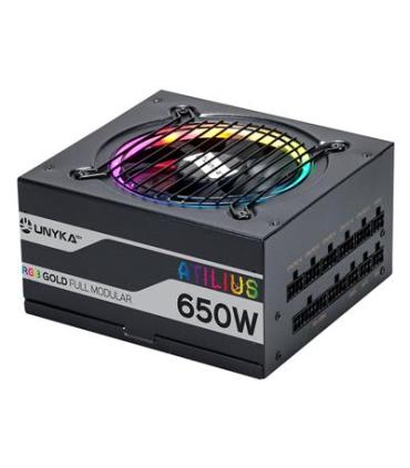 Fuente De Alimentacin Unyka 650w Atilius Rgb Black Cableado Modular Apfc Activo Eficiencia Energetica 90% Ventilador Rgb 120
