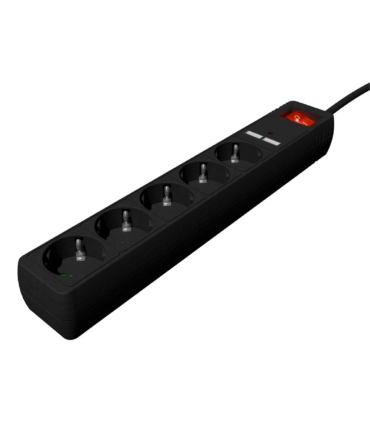 REGLETA CON CARGADOR USB, 5 ENCHUFES, 1.5 M, USB 2A, COLOR NEGRO