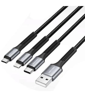 Cable USB 2.0 Lightning Vention H18BAV/ USB Tipo-C Macho/ Lightning Macho - MicroUSB Macho - USB Macho/ 1.2m/ Negro