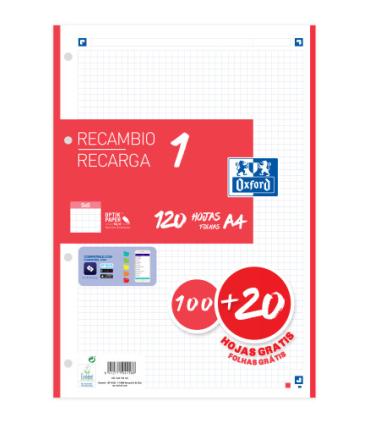 RECAMBIO COLOR 1 A4  100+20 HOJAS 5X5 ROJO 90GRS OXFORD 400158162