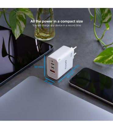 Cargador De Pared GaN TooQ TQWC-GANQC2PD65WT  2xUSB Tipo-C  1xUSB  65W