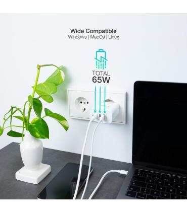 Cargador De Pared GaN TooQ TQWC-GANQC2PD65WT  2xUSB Tipo-C  1xUSB  65W
