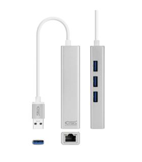 Conversor USB 3.0 A Ethernet Gigabit RJ45 + 3xUSB 3.0 - Plata - 15 Cm