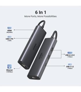 HUB UGREEN 6EN1 USB-C A HDMI 2XUSB-A USB-C RJ45 PD