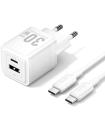 Cargador De Pared GaN Vention TZ-FEQW0-EU-01/ 1xUSB Tipo-C/ 1xUSB + Cable USB Tipo-C/ 30W