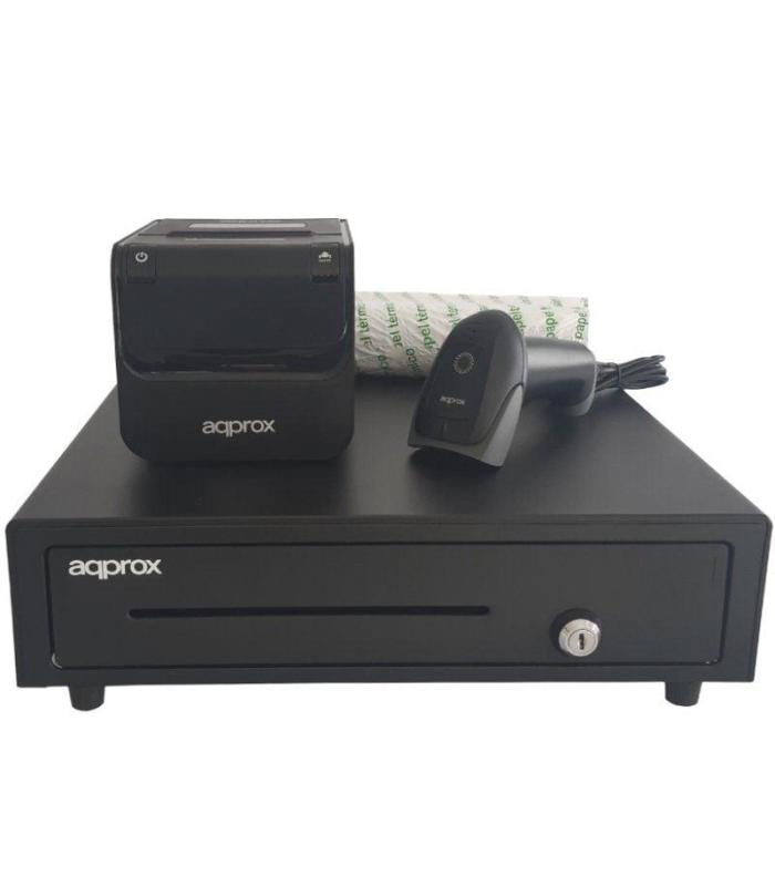 Pack para TPV Approx appPOSPACK4180-2D/ Cajn Portamonedas + Impresora Trmica de Tickets + Lector de Cdigos + Rollos Trmicos