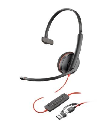 Auricular Poly Blackwire 3210 + Adaptador USB-C/A/ con Micrfono/ USB Tipo-C/ Bulk/ Negro