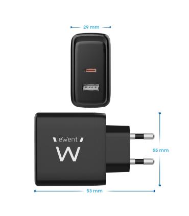Ewent Cargador Rapido USB-A Y USB-C, GanFast, 65W