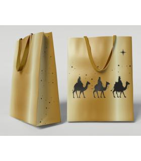 BOLSA DORADA PAPEL REYES MAGOS S (24X10X32 CM) CON TARJETA COLGANTE BISMARK 333673