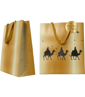 BOLSA DORADA PAPEL REYES MAGOS M (26x12x37 CM) CON TARJETA COLGANTE BISMARK 333672
