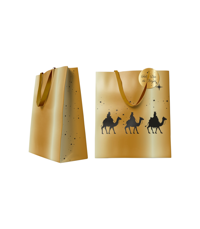 BOLSA DORADA PAPEL REYES MAGOS M (26x12x37 CM) CON TARJETA COLGANTE BISMARK 333672