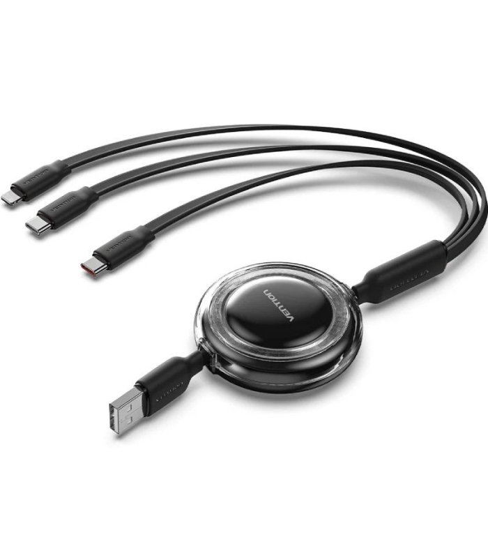 Cable USB Retrctil Vention TRJBBE/ USB Macho - Lightning/ 2xUSB Tipo-C/ Hasta 17.5W/ 10Gbps/ 1.1m/ Negro