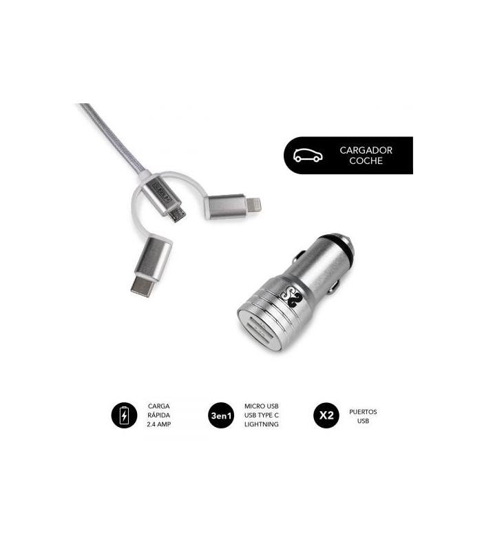 SUBBLIM Cargador Coche 2xUSB Dual Car Charger Alum 2.4A + Cable 3 in 1 Silver