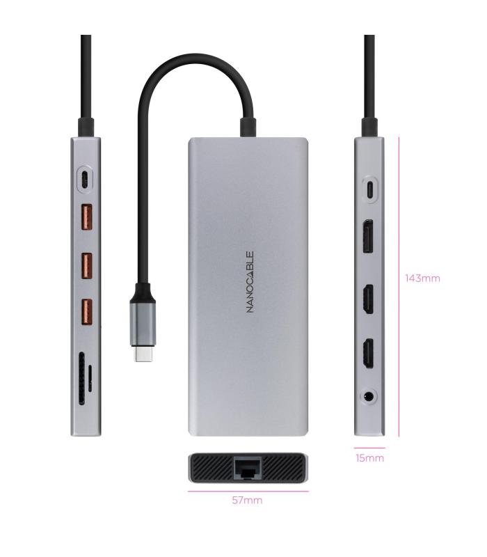 Docking Tipo-C Nanocable 10.16.4612  3xUSB  1xUSB Tipo-C  2xHDMI 4K  1xDisplayPort  1xRJ45  1xLector Tarjetas  1xJack 3.5  1xUSB
