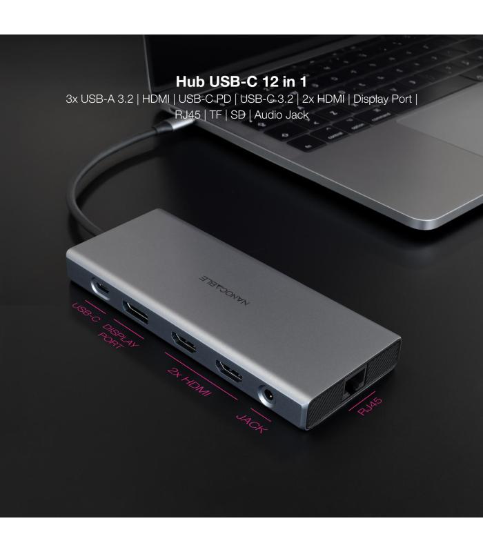 Docking Tipo-C Nanocable 10.16.4612  3xUSB  1xUSB Tipo-C  2xHDMI 4K  1xDisplayPort  1xRJ45  1xLector Tarjetas  1xJack 3.5  1xUSB