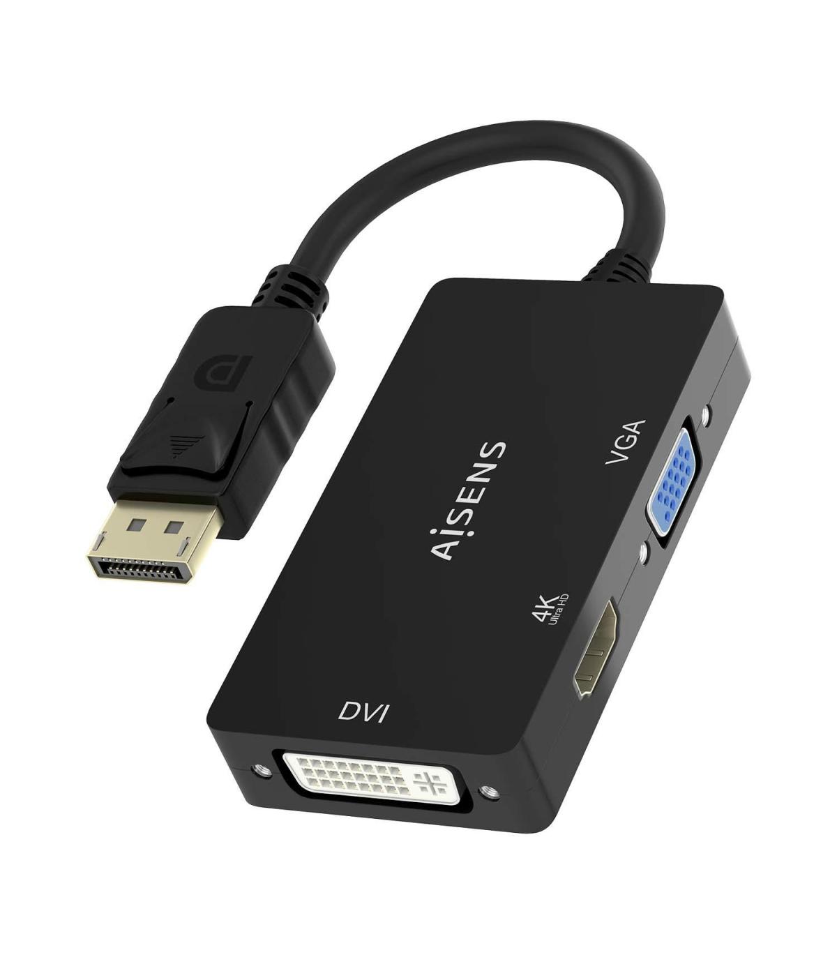 Cable Conversor Aisens A125-0861  DisplayPort Macho  VGA Hembra - DVI Hembra - HDMI 4K Hembra  15cm  Negro