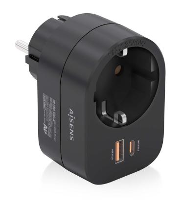 REGLETA PARED AISENS 1 TOMA USB-C 20W PD3.0 USB-A 20W QC3.0 NEGRO