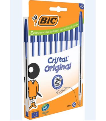 BLISTER CARTN 10 BOLIGRAFOS CRISTAL CON CUERPO TRANSPARENTE TRAZO 0,4MM. AZUL BIC 516352
