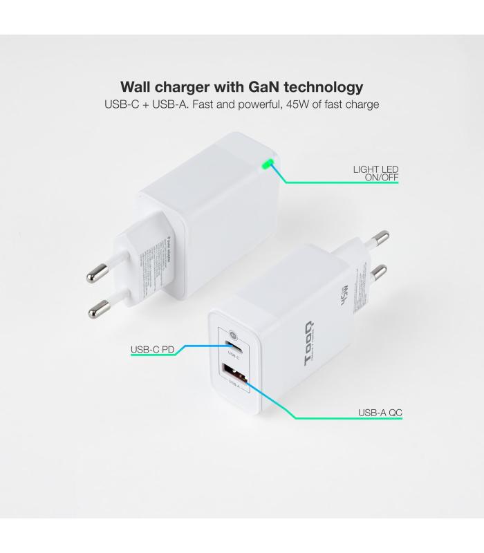 CARGADOR DE PARED TOOQ GAN USB C PD USB-A QC 45W