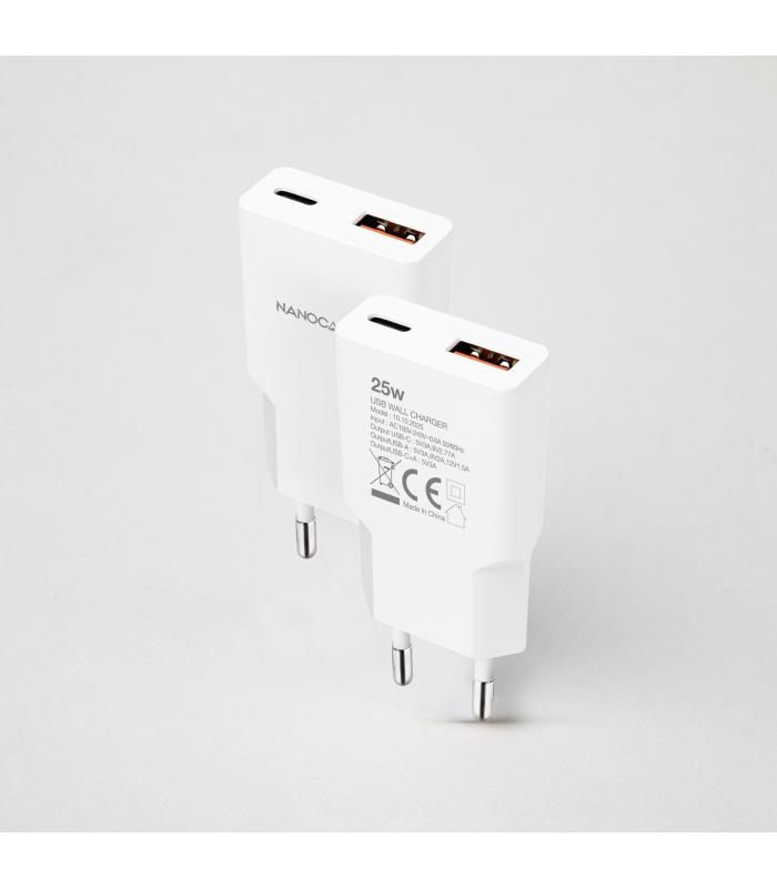 Nanocable Cargador USB-C PD + USB-A QC 25W Blanco