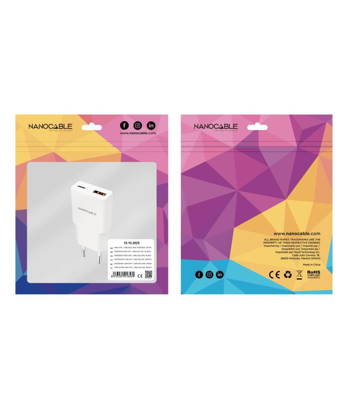 Nanocable Cargador USB-C PD + USB-A QC 25W Blanco