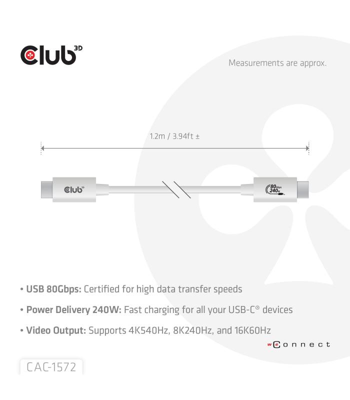 CABLE CLUB3D CERTIFICADO USB80G TIPO-C 1.2M