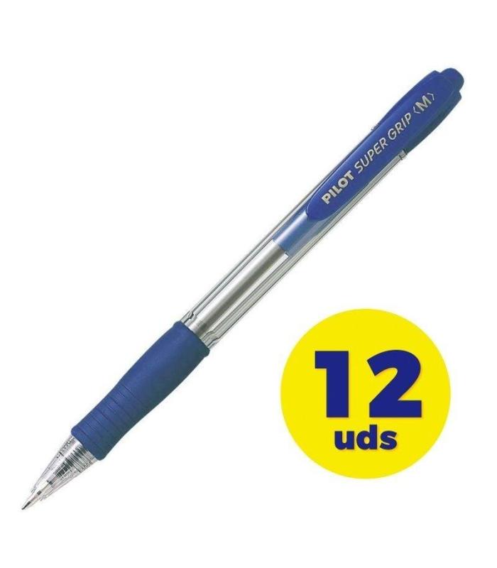 Caja de Bolgrafos de Tinta de Aceite Retrctil Pilot Super Grip M/ 12 unidades/ Azules