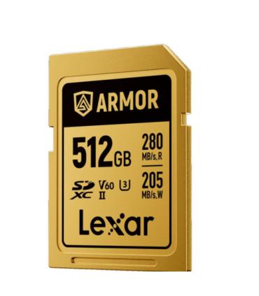 LEXAR 512GB PROFESSIONAL ARMOR GOLD SDXC UHS-II CARDS,  UP TO 280MB/S READ 210MB/S WRITE C10 V60 U3,STAINLESS STEEL CASING, IP68
