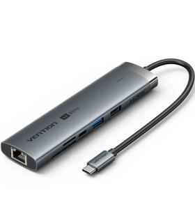 Hub USB Tipo-C 3.2 Vention TGVHB/ 2xUSB/ 1xUSB Tipo-C PD/ 1xUSB Tipo-C/ 1xRJ45/ 1xLector de Tarjetas/ 1xJack 3.5mm/ 1xHDMI/ 15cm