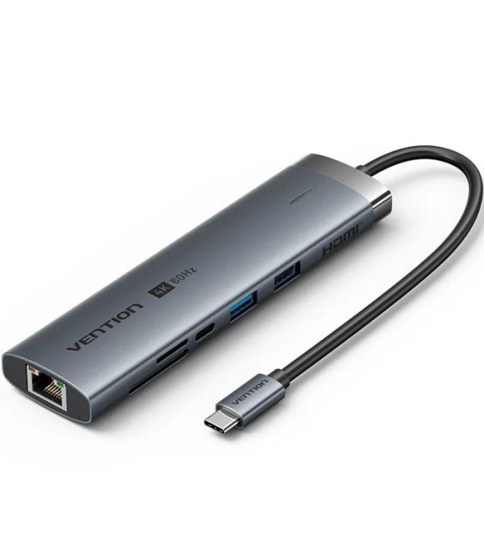 Hub USB Tipo-C 3.2 Vention TGVHB/ 2xUSB/ 1xUSB Tipo-C PD/ 1xUSB Tipo-C/ 1xRJ45/ 1xLector de Tarjetas/ 1xJack 3.5mm/ 1xHDMI/ 15cm