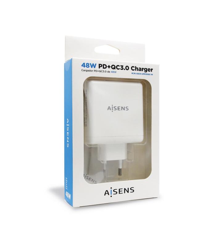 AISENS Cargador 48 W, 1x USB-C PD3.0 30 W, 1x USB-A QC3.0 18 W, Blanco