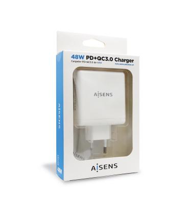 AISENS Cargador 48 W, 1x USB-C PD3.0 30 W, 1x USB-A QC3.0 18 W, Blanco