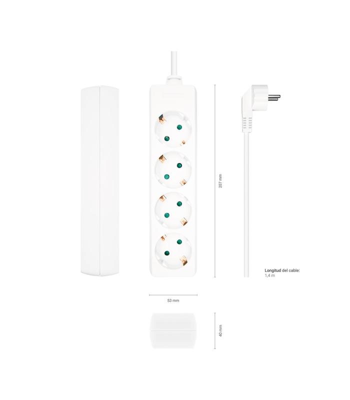 AISENS Base Multiple 4 Tomas Sin Interruptor Con Cable 3x1.5mm2, Blanco, 1.4m
