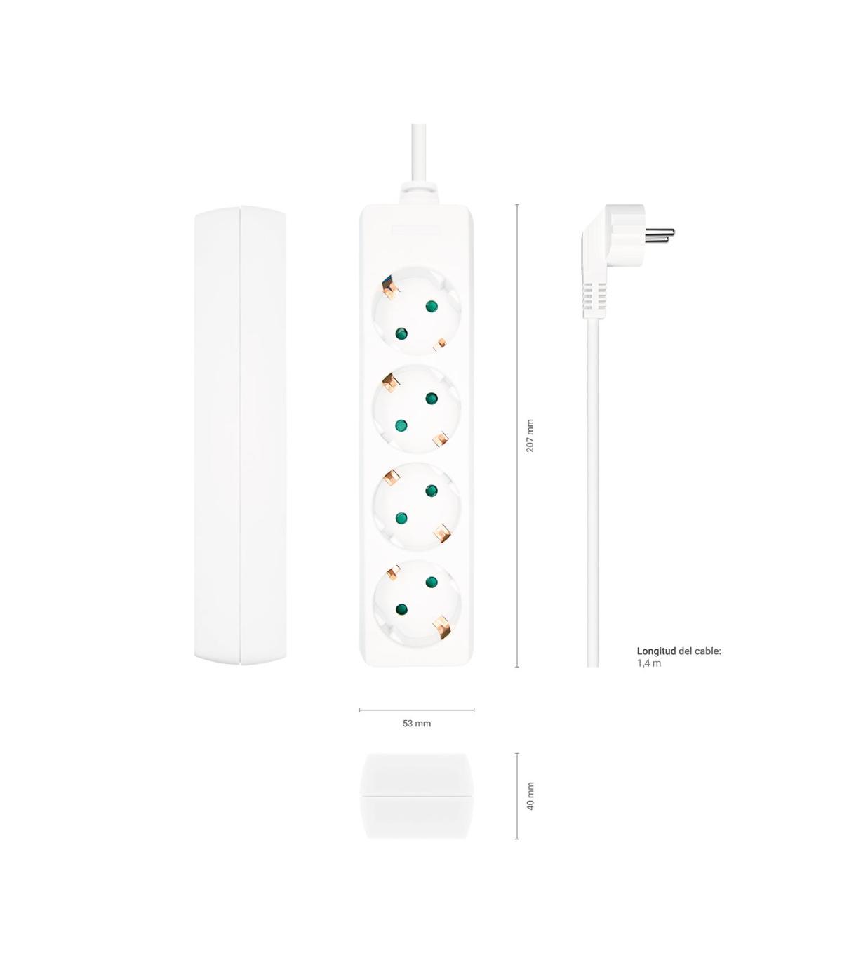 AISENS Base Multiple 4 Tomas Sin Interruptor Con Cable 3x1.5mm2, Blanco, 1.4m