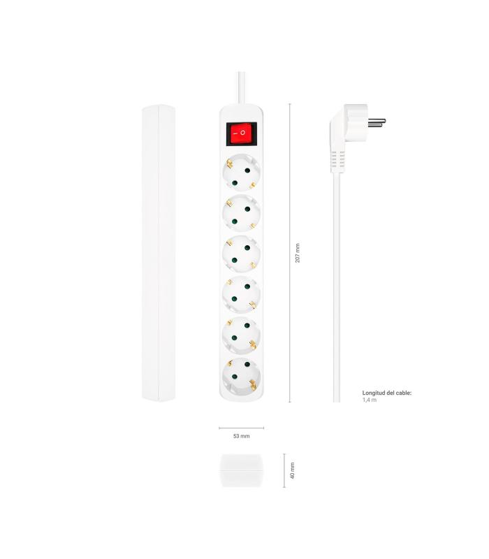 AISENS Base Multiple 6 Tomas Con Interruptor Con Cable 3x1.5mm2, Blanco, 1.4m