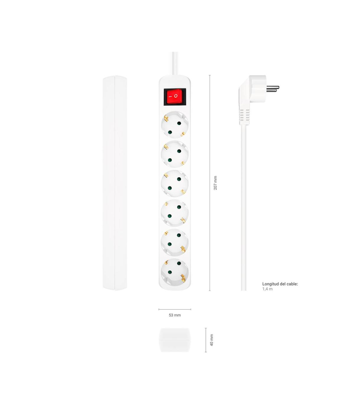 AISENS Base Multiple 6 Tomas Con Interruptor Con Cable 3x1.5mm2, Blanco, 1.4m