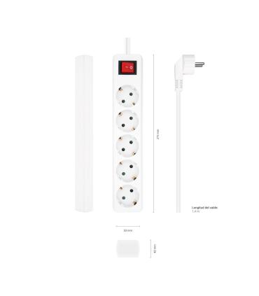 AISENS Base Multiple 5 Tomas con Interruptor con Cable 3×1.5mm2, Blanco, 1.4 m