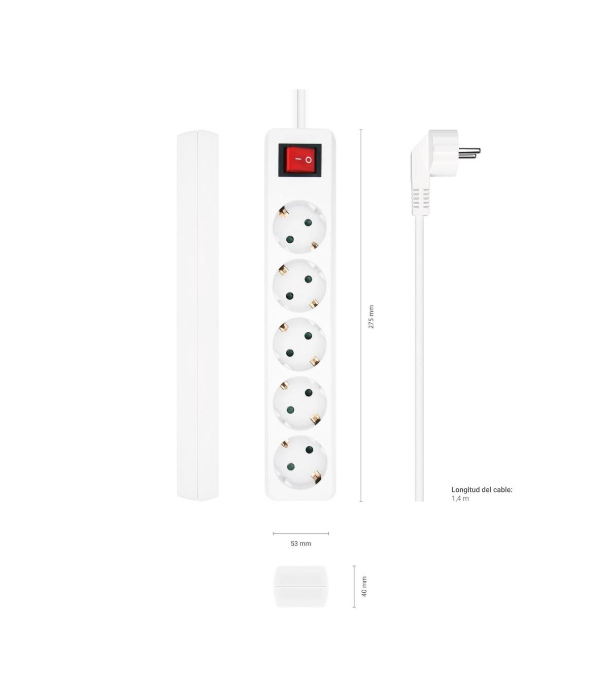 AISENS Base Multiple 5 Tomas con Interruptor con Cable 3×1.5mm2, Blanco, 1.4 m